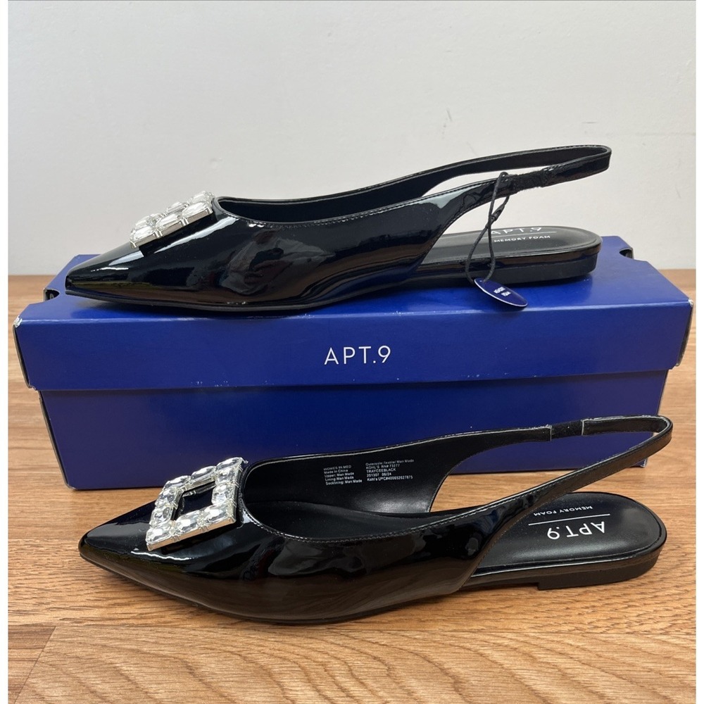 Apt 9‎ Traycee Slingback Rhinetone Buckle Black Flats Women's Size 9.5 NEW